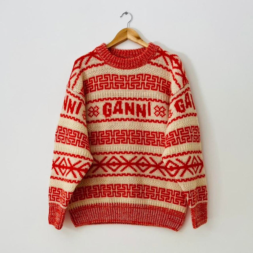 Ganni Intarsia Logo Wool Jumper in Orange.