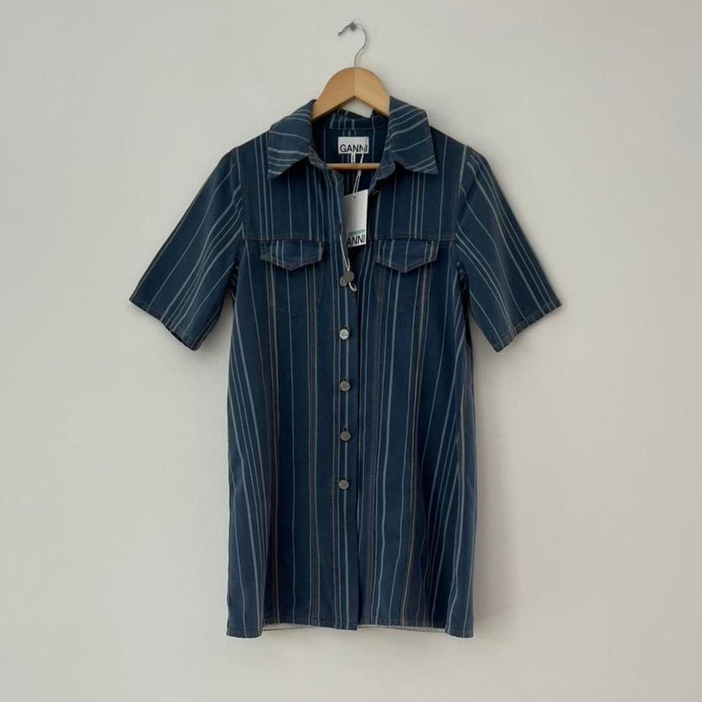 Ganni BNWT Striped Denim Mini Shirt Dress.