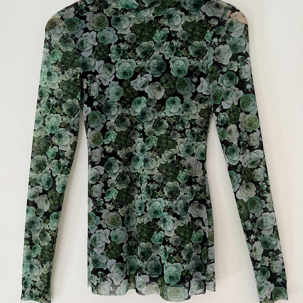 Ganni KELLY Mesh Floral Turtleneck in Green.