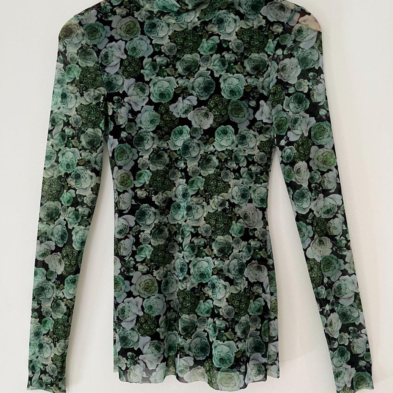 Ganni KELLY Mesh Floral Turtleneck in Green.