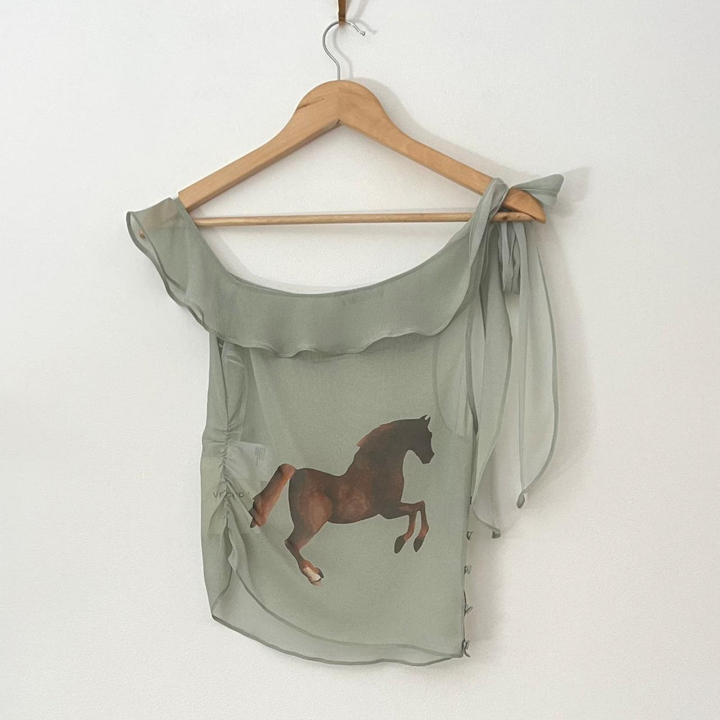 Venroy BNWT One Shoulder Silk Tie Top in Sage/Horses Stamp.