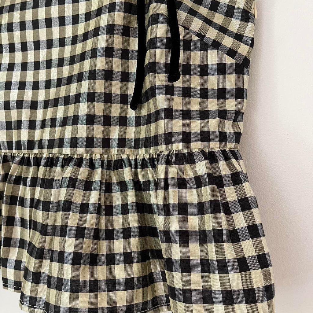 Ganni Bow-detailed Ruffled Metallic Gingham Jacquard Top.