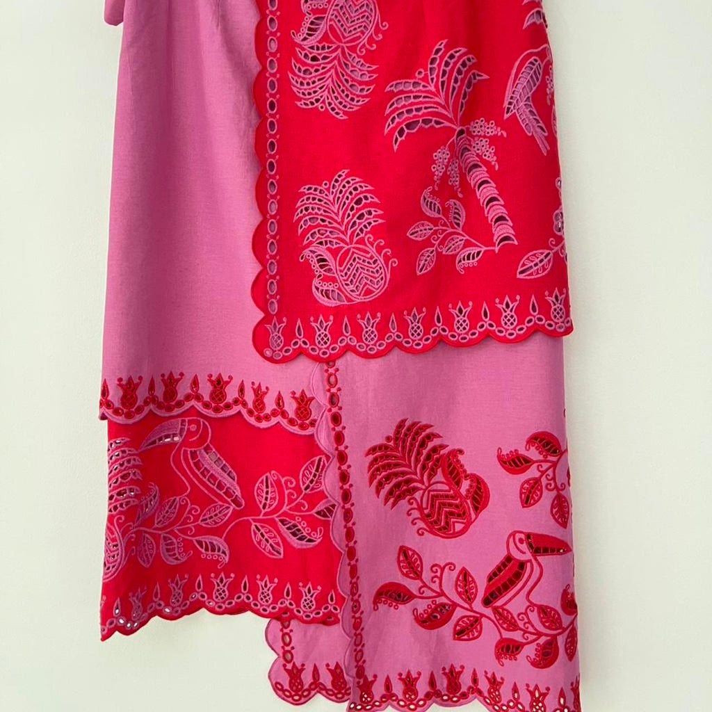 Farm Rio Palm Tree Richelieu Wrap Midi Skirt in a Red and Pink.