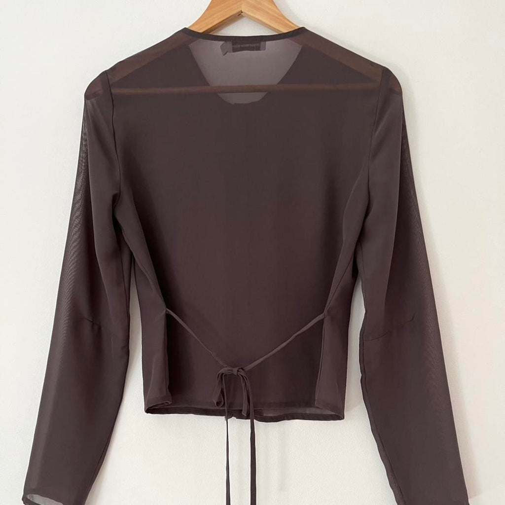 With Consideration Sheer Ruffle Long Sleeve Blouse in Slate Size XS.