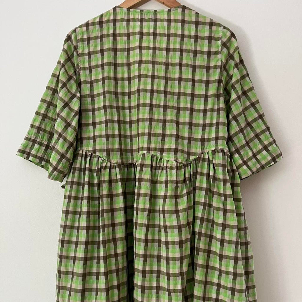 Ganni Seersucker Check-print Short-sleeve Wrap Dress.