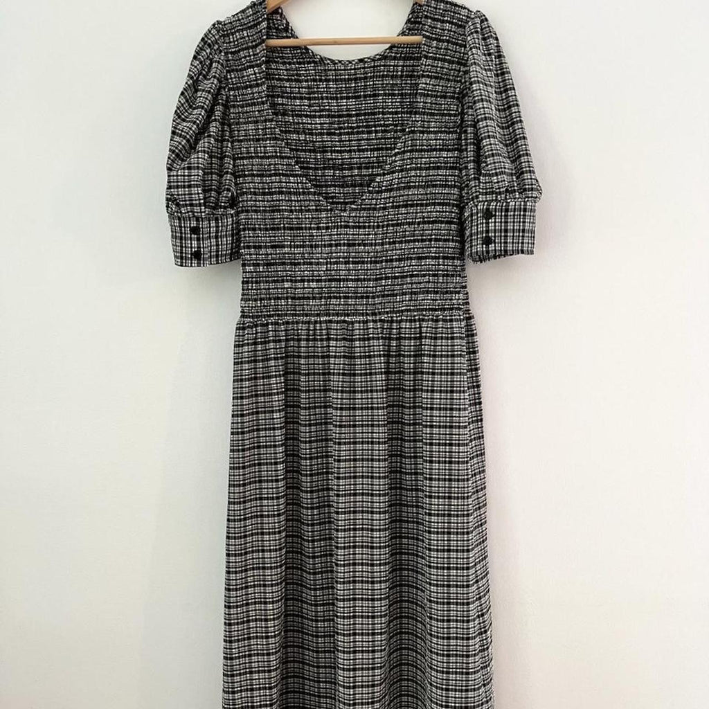 Ganni Shirred Checked Seersucker Midi Dress.