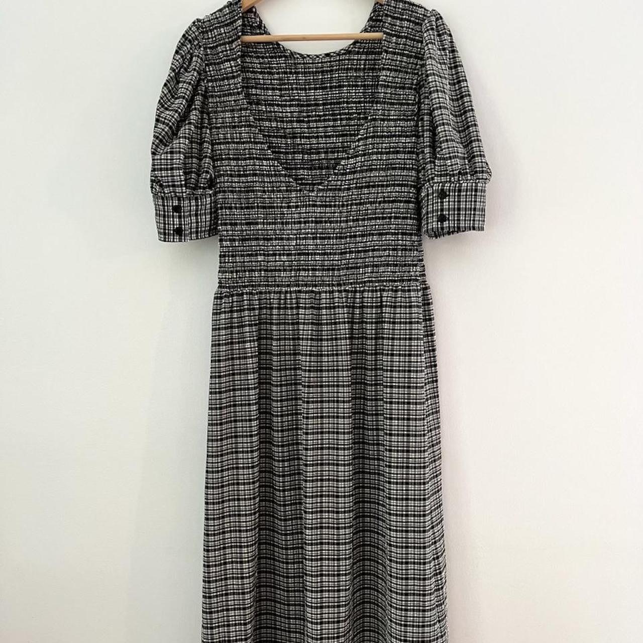 Ganni Shirred Checked Seersucker Midi Dress.