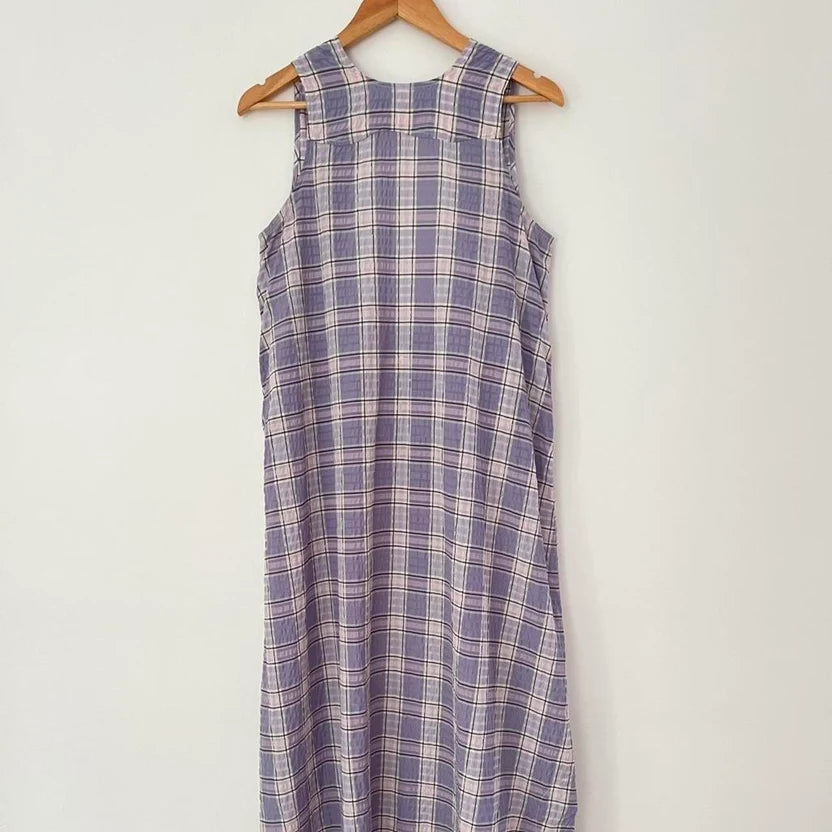 Ganni Seersucker Plaid Open Back Midi Dress in Lilac Size 36/AU8/S.