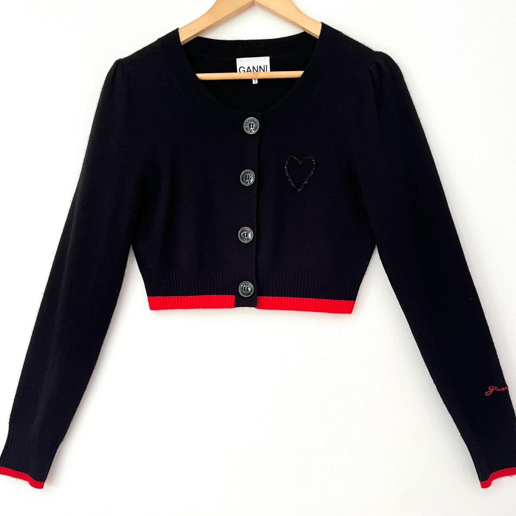 Ganni Cropped Bead Embellished Merino Wool Cardigan.
