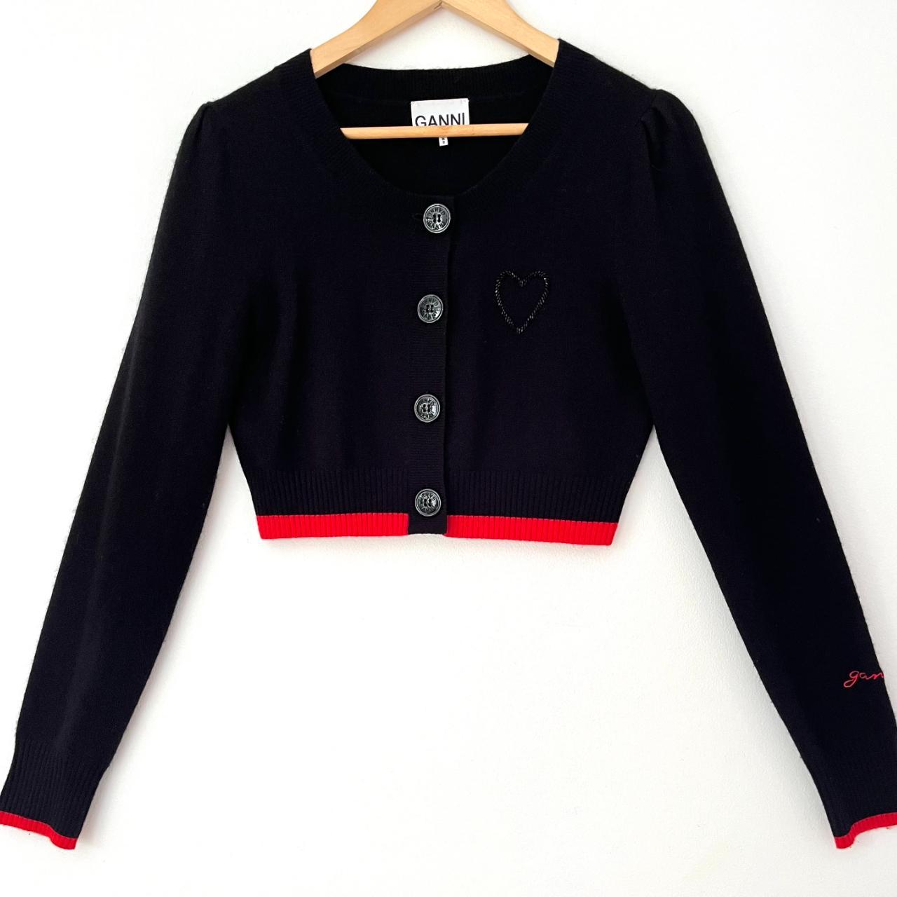 Ganni Cropped Bead Embellished Merino Wool Cardigan.
