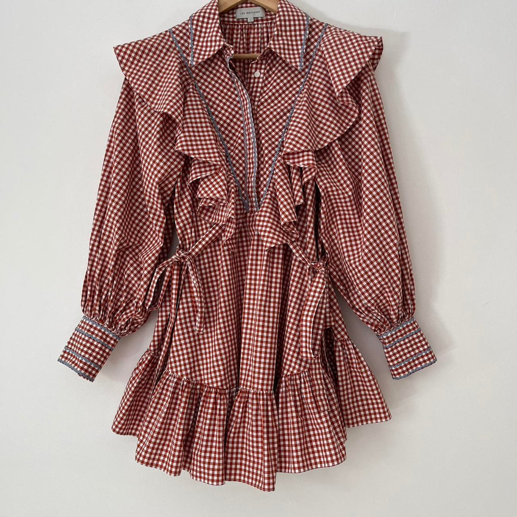 Lee Mathews HAZEL Ruffled Gingham Mini Dress in Red.