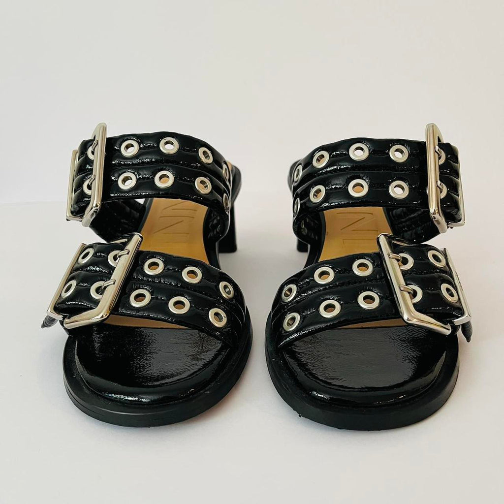 Ganni Leather Buckle Heels in Black.