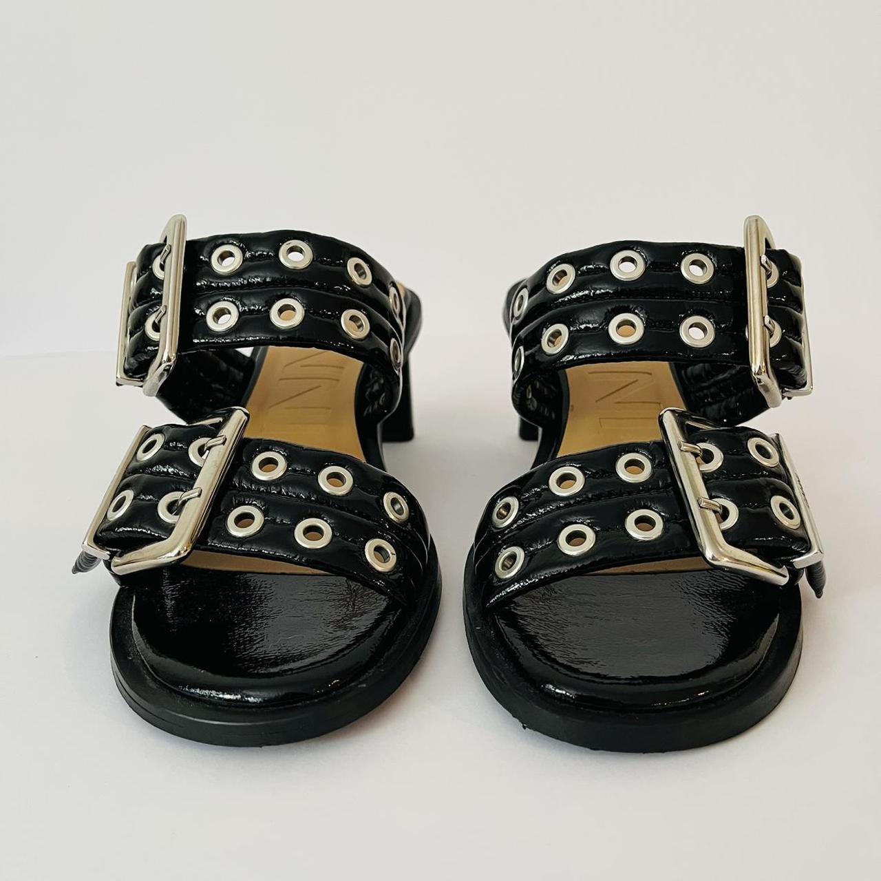 Ganni Leather Buckle Heels in Black.