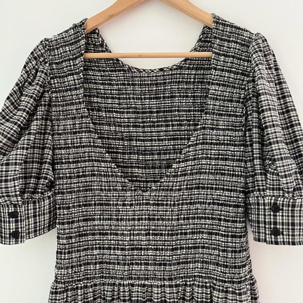 Ganni Shirred Checked Seersucker Midi Dress.