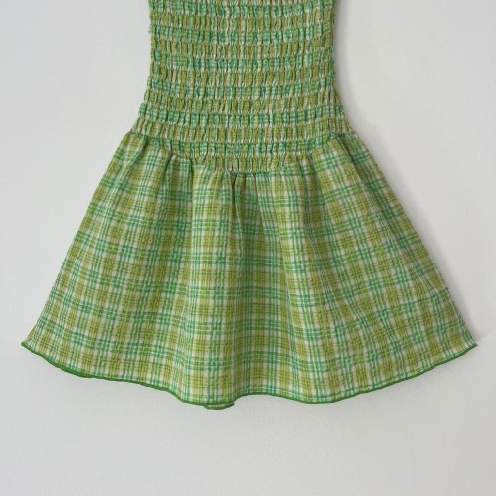 Après Studios Strapless Ruched Mini Dress in Citrus Plaid