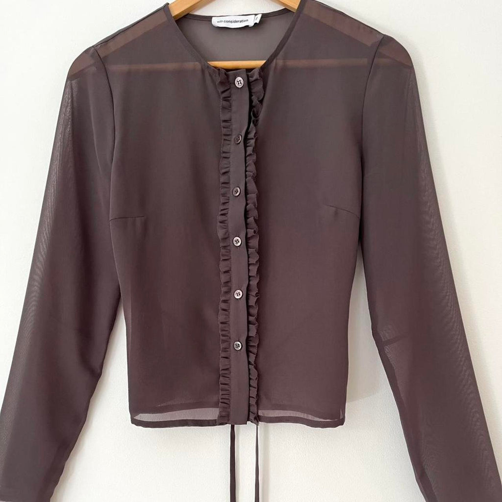 With Consideration Sheer Ruffle Long Sleeve Blouse in Slate Size XS.