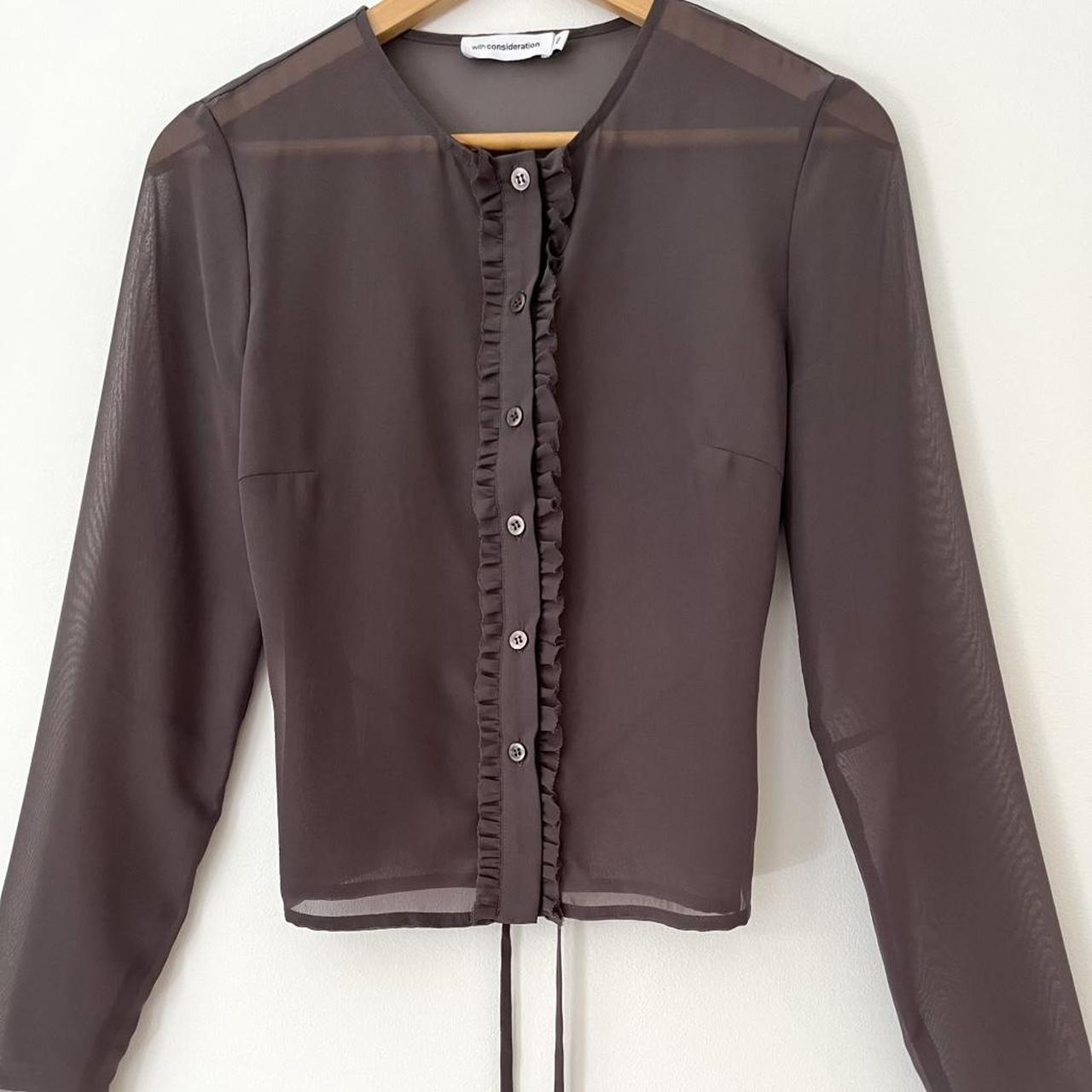 With Consideration Sheer Ruffle Long Sleeve Blouse in Slate Size XS.