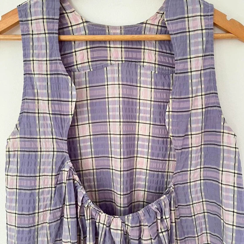 Ganni Seersucker Plaid Open Back Midi Dress in Lilac Size 36/AU8/S.