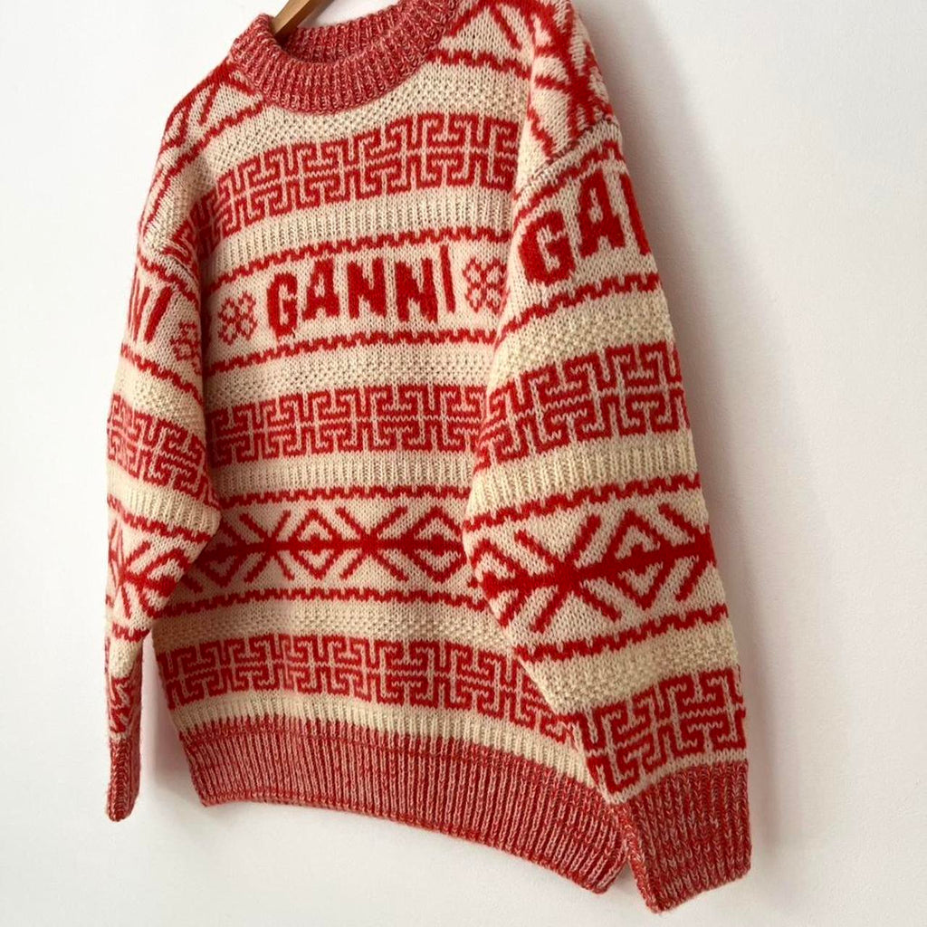 Ganni Intarsia Logo Wool Jumper in Orange.