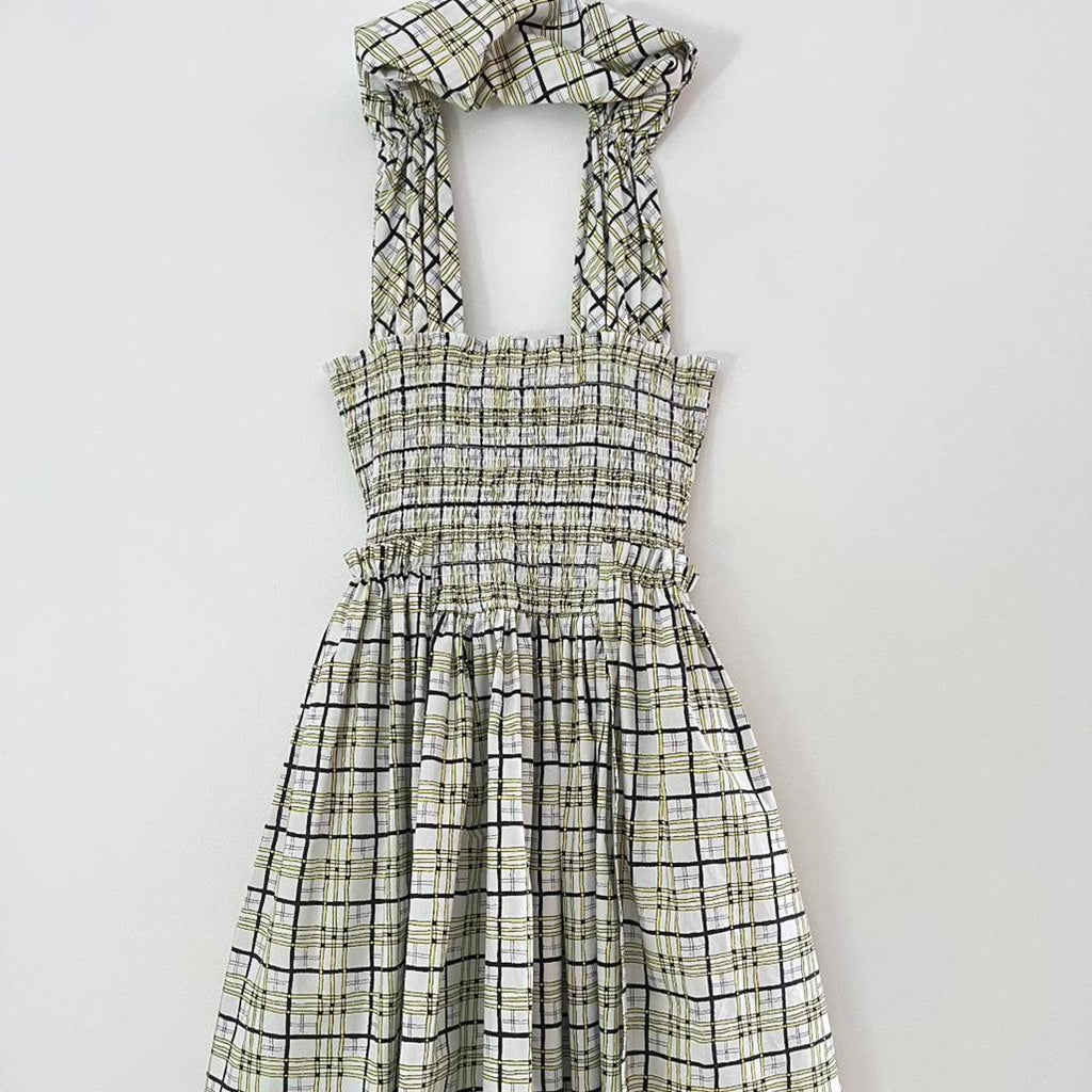 Shrimps EMMA Shirred Checked Cotton Poplin Dress in Yellow.
