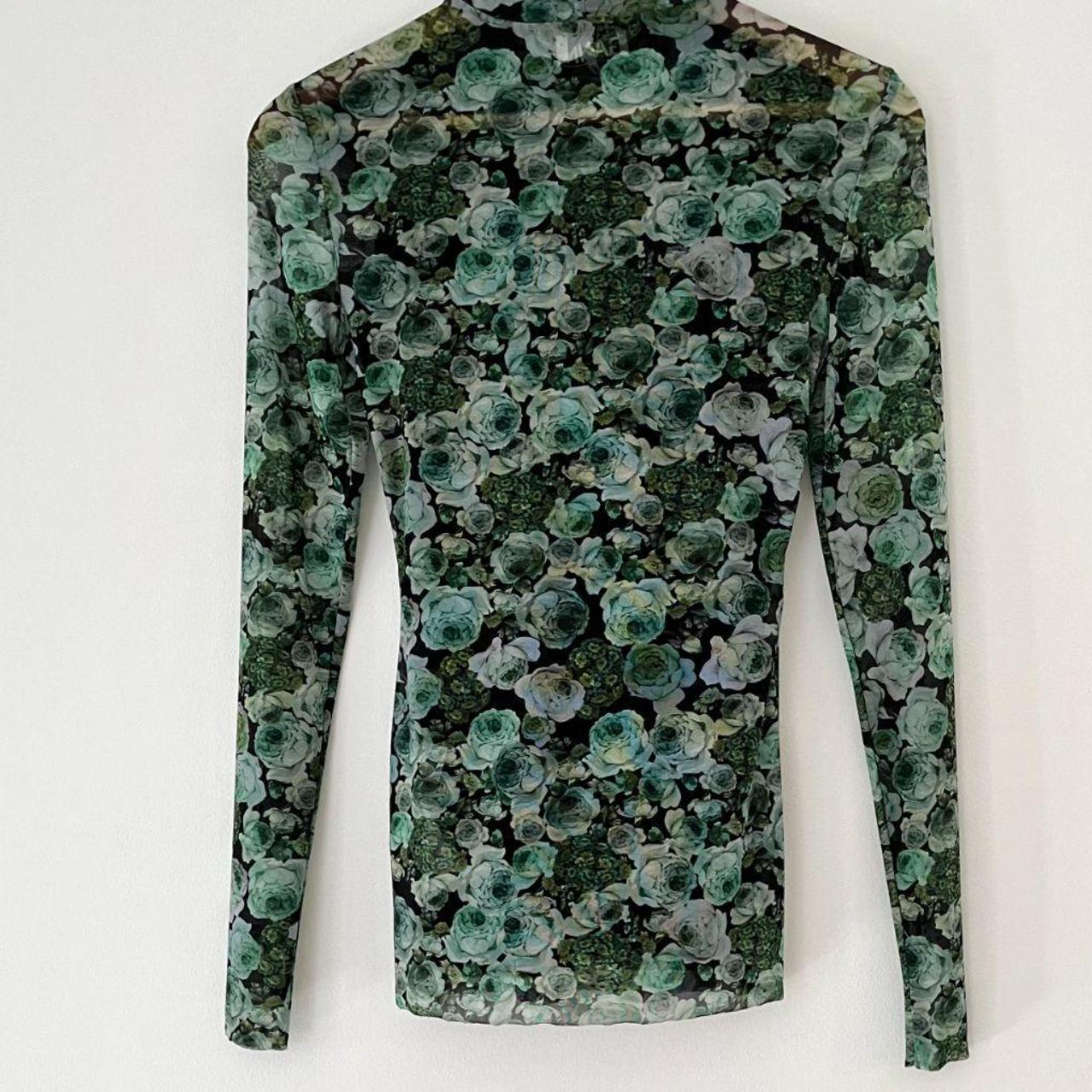 Ganni KELLY Mesh Floral Turtleneck in Green.