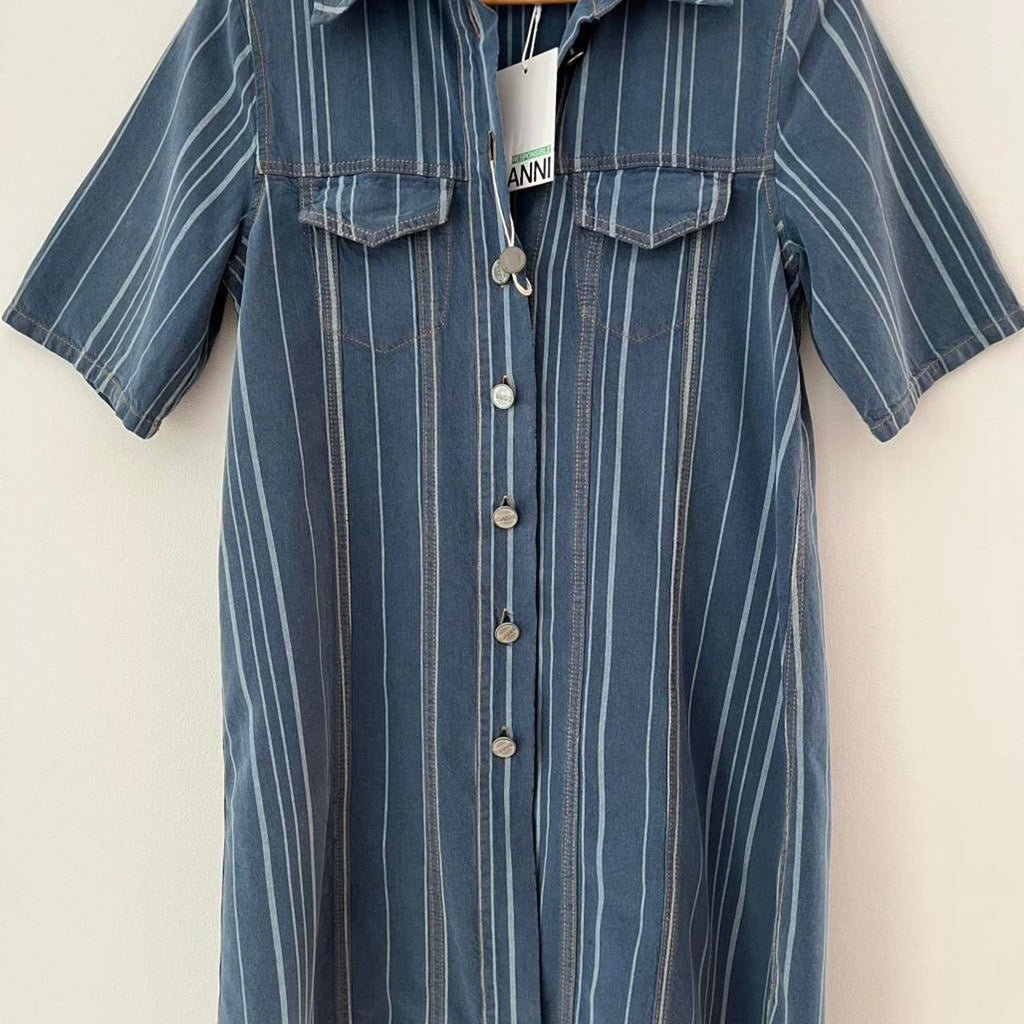 Ganni BNWT Striped Denim Mini Shirt Dress.