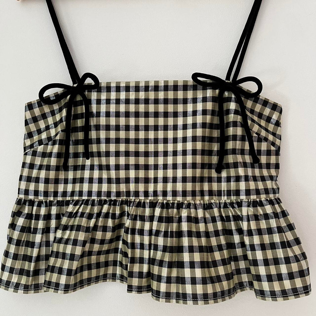 Ganni Bow-detailed Ruffled Metallic Gingham Jacquard Top.