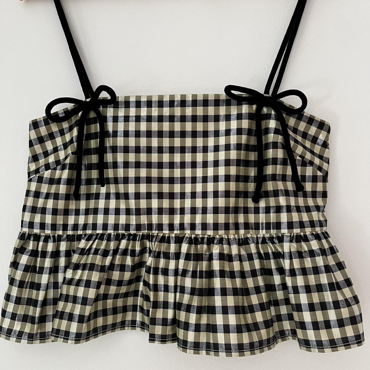 Ganni Bow-detailed Ruffled Metallic Gingham Jacquard Top.
