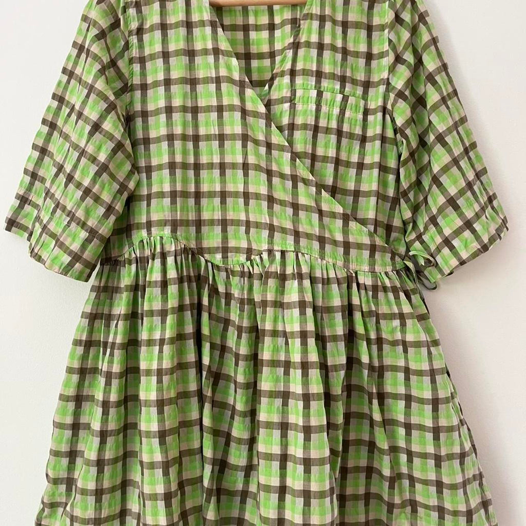 Ganni Seersucker Check-print Short-sleeve Wrap Dress.