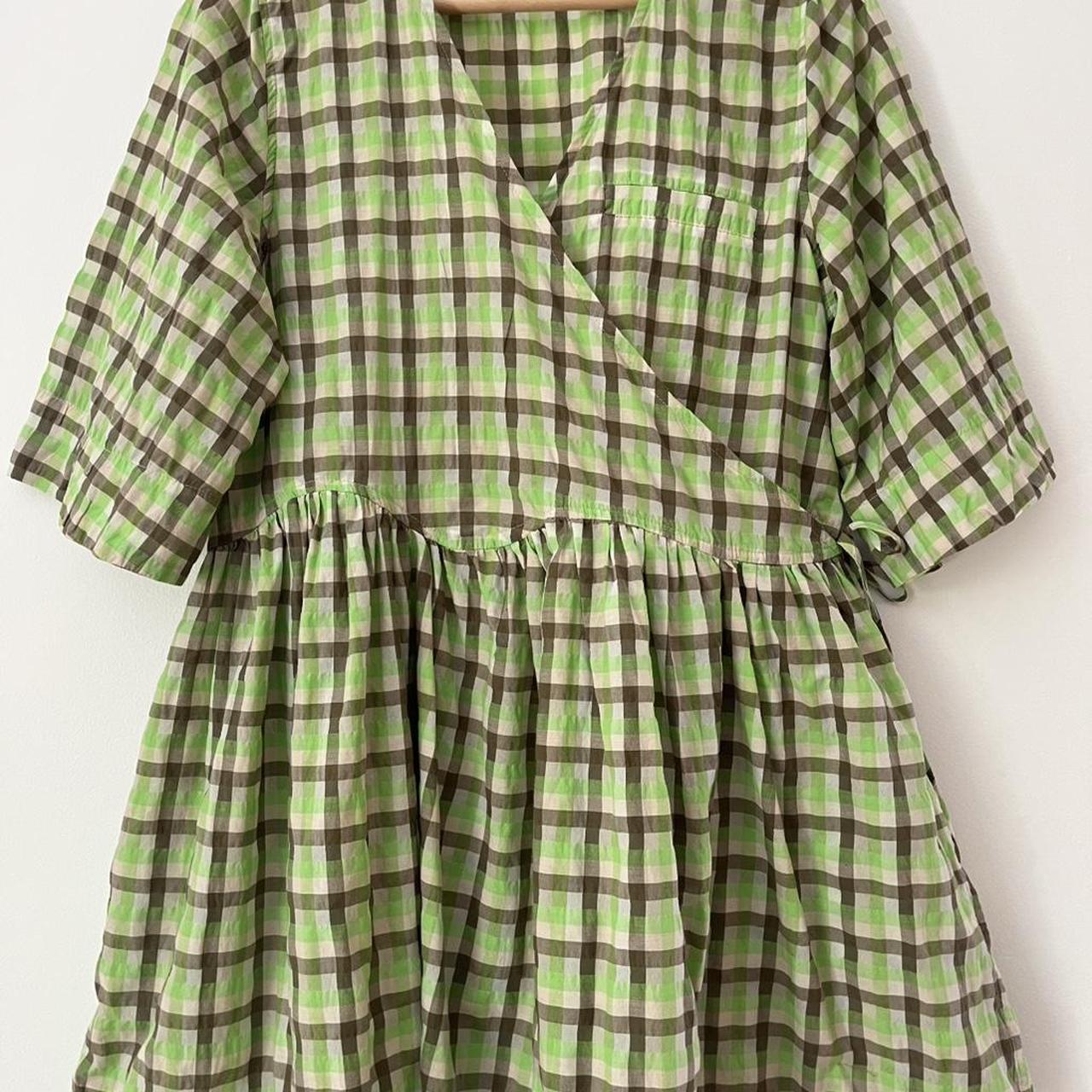 Ganni Seersucker Check-print Short-sleeve Wrap Dress.