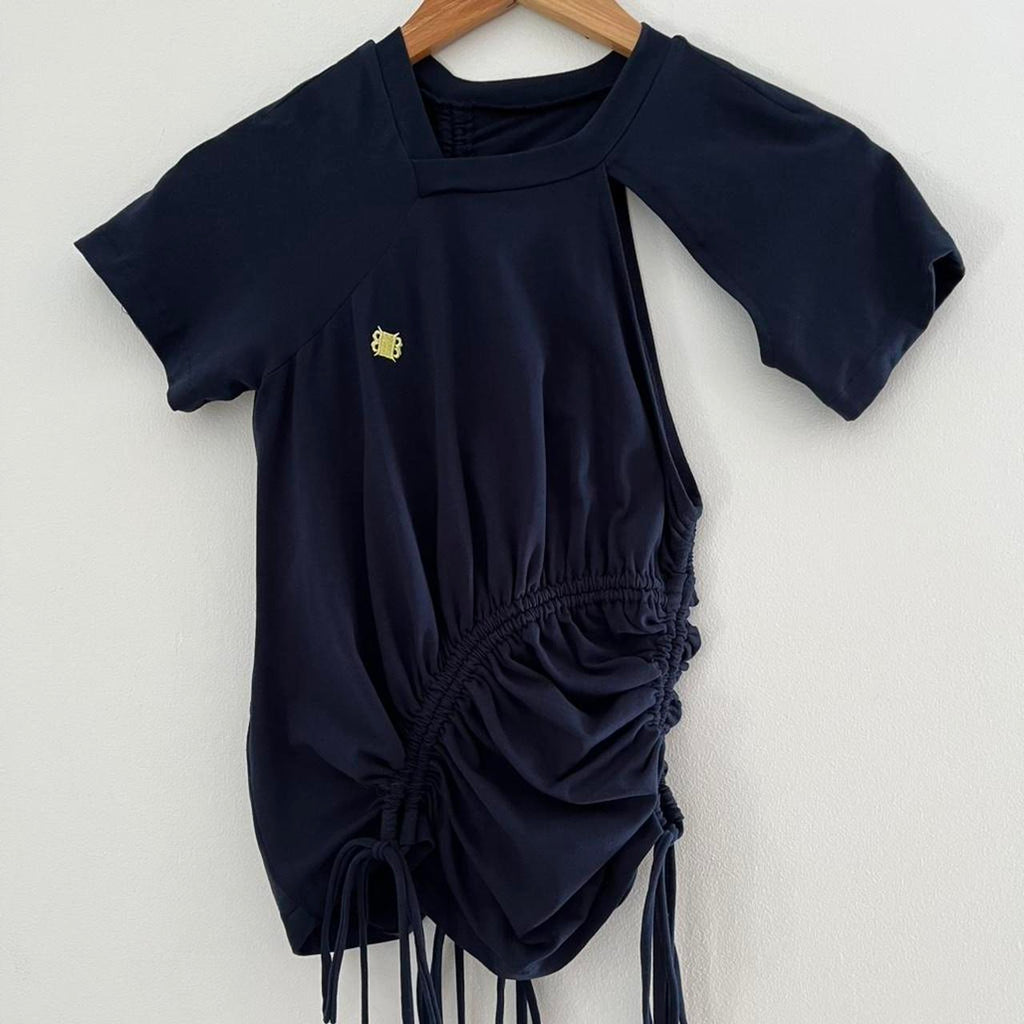 Karla Laidlaw Ruched Short Sleeve Top in Navy Size S.