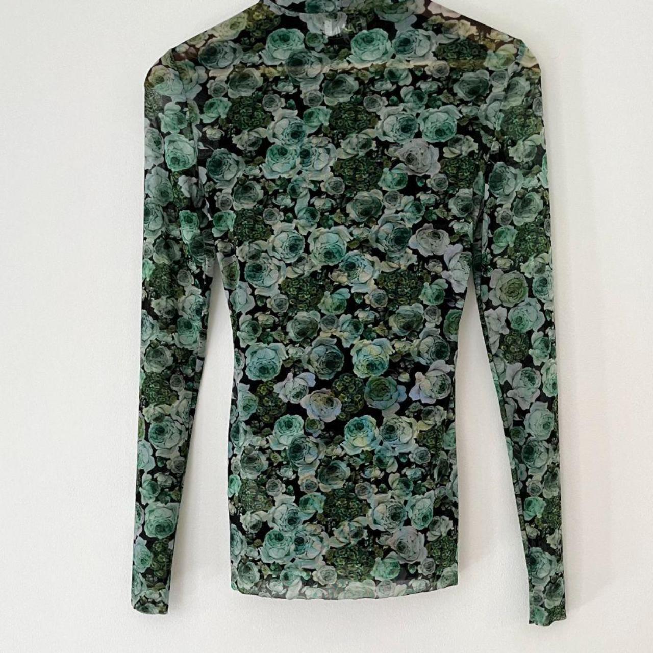 Ganni KELLY Mesh Floral Turtleneck in Green.