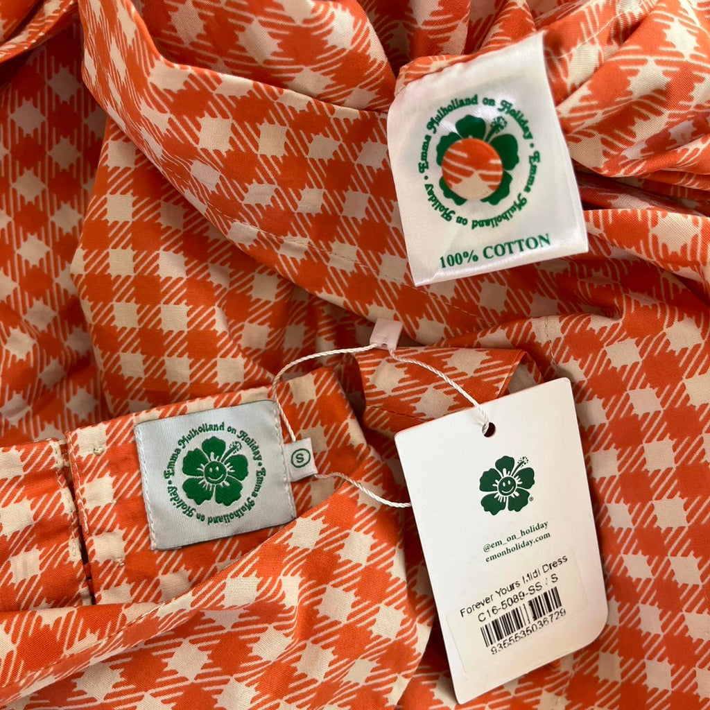 Emma Mulholland BNWT FOREVER YOURS Midi Dress in Gingham Orange.