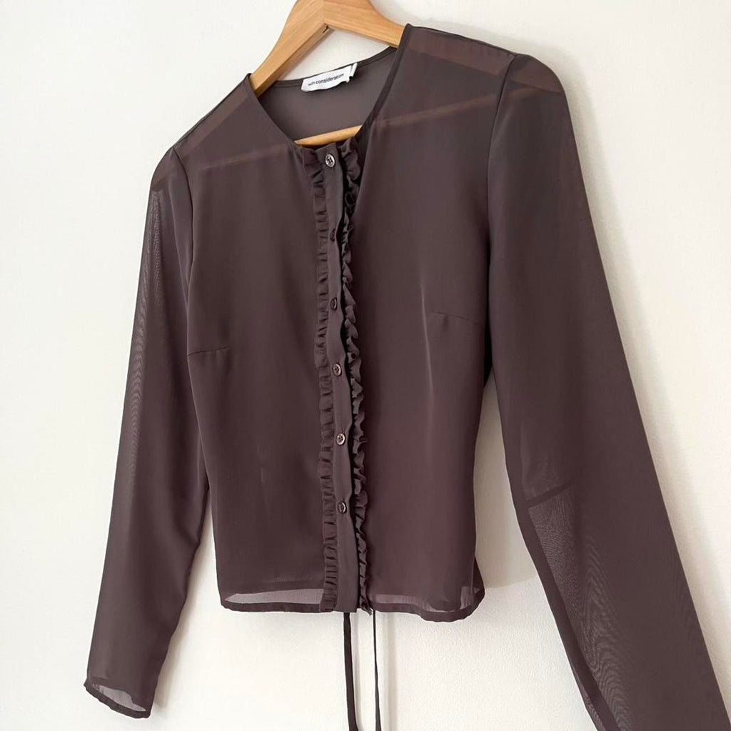 With Consideration Sheer Ruffle Long Sleeve Blouse in Slate Size XS.