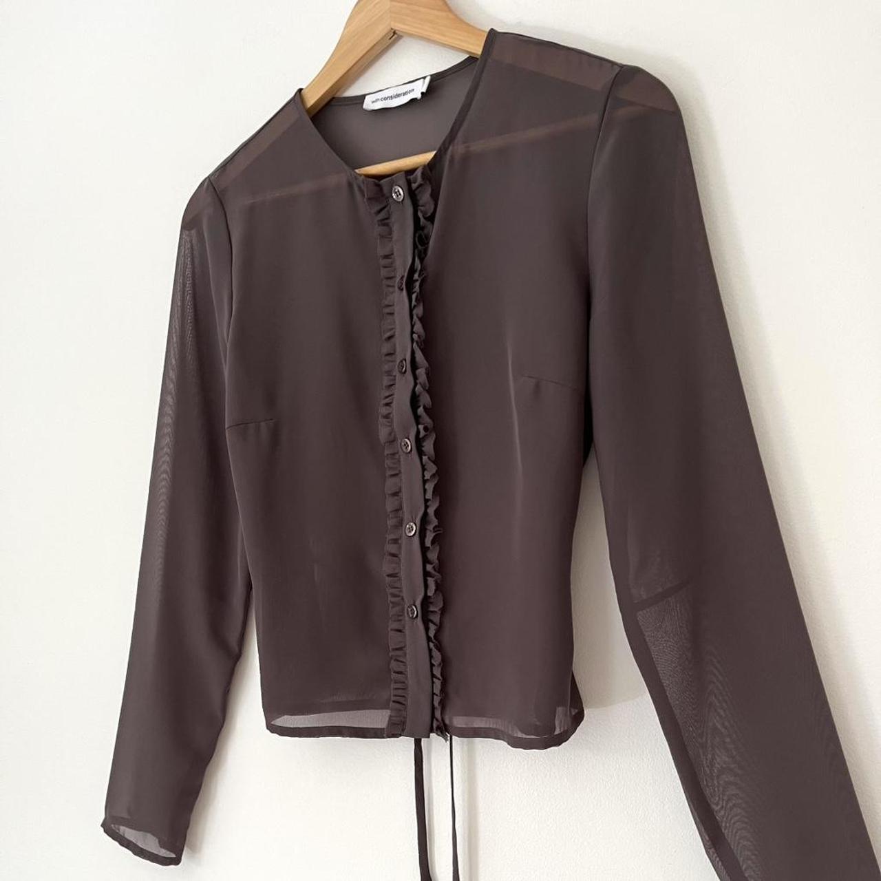 With Consideration Sheer Ruffle Long Sleeve Blouse in Slate Size XS.