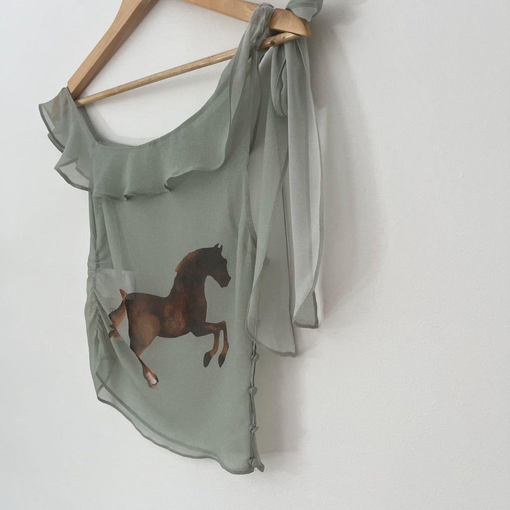 Venroy BNWT One Shoulder Silk Tie Top in Sage/Horses Stamp.