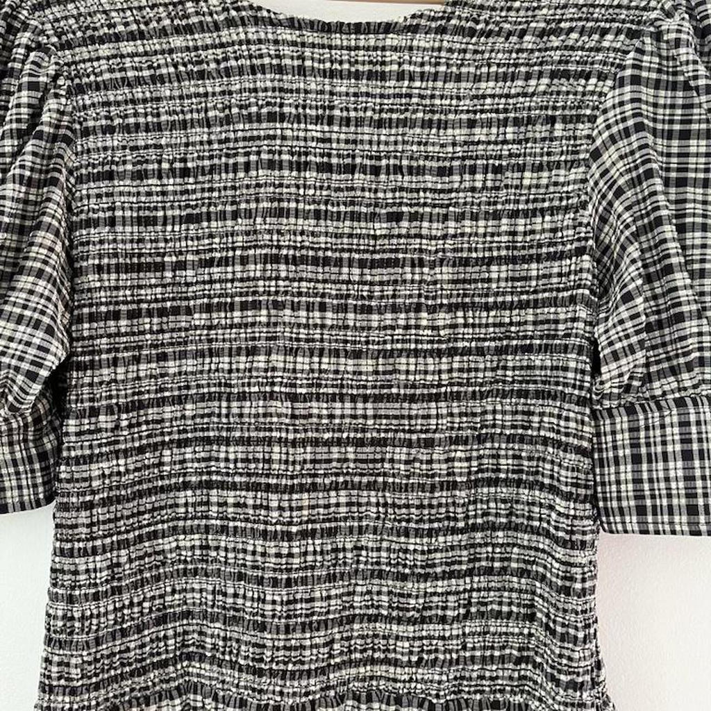 Ganni Shirred Checked Seersucker Midi Dress.