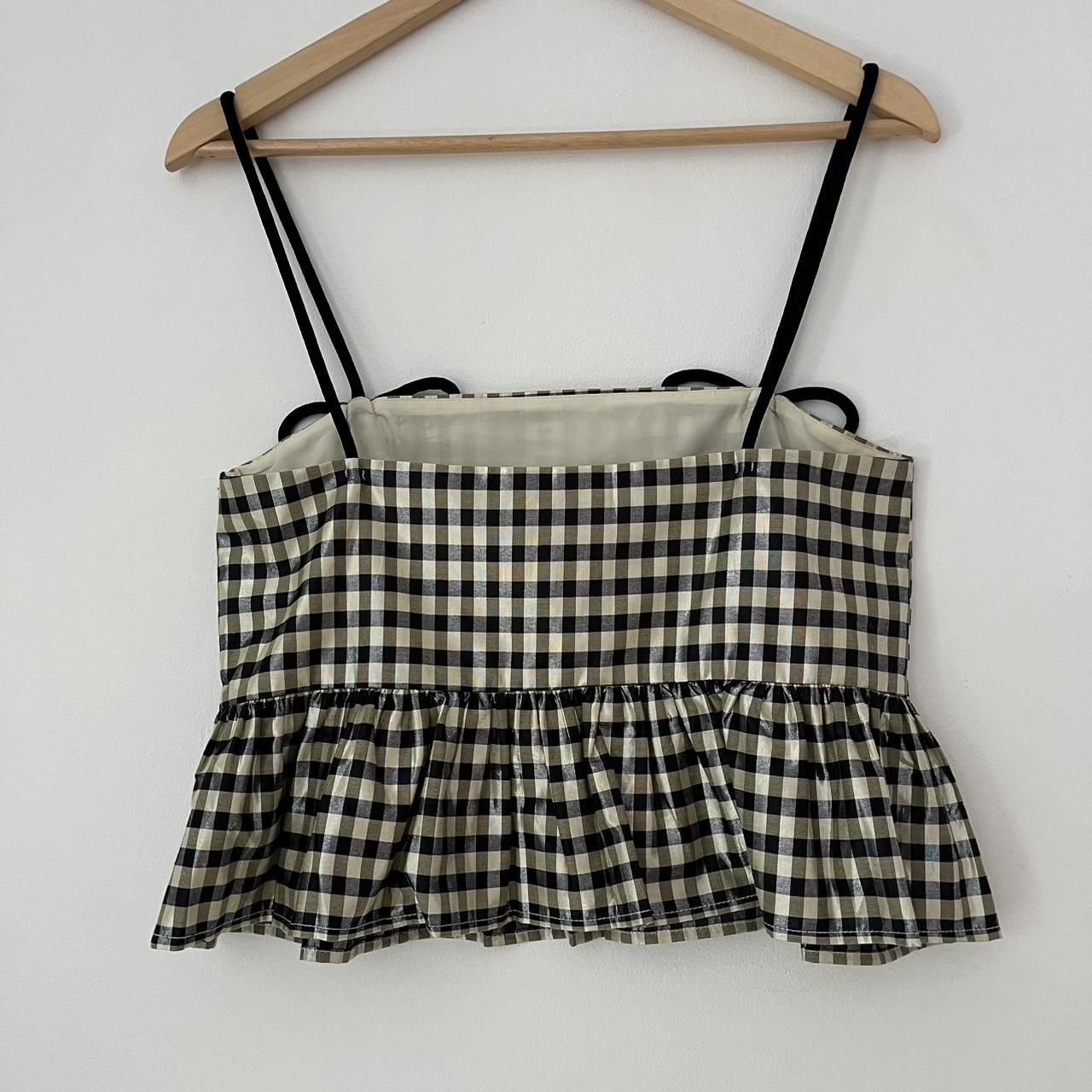 Ganni Bow-detailed Ruffled Metallic Gingham Jacquard Top.