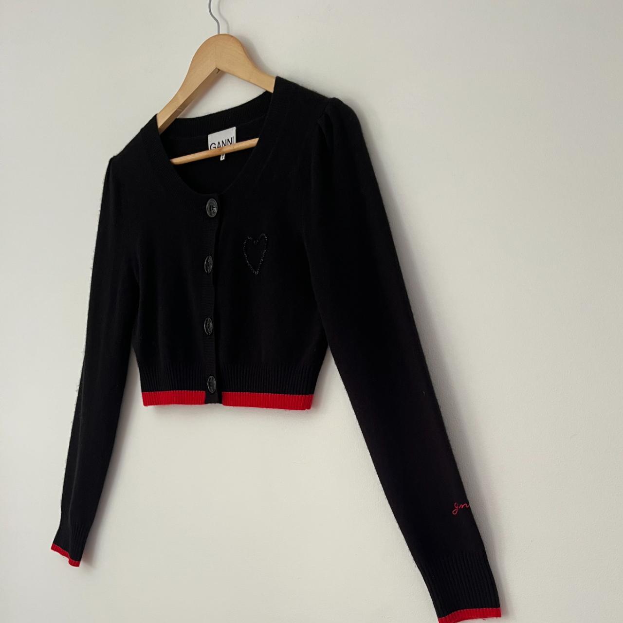 Ganni Cropped Bead Embellished Merino Wool Cardigan.