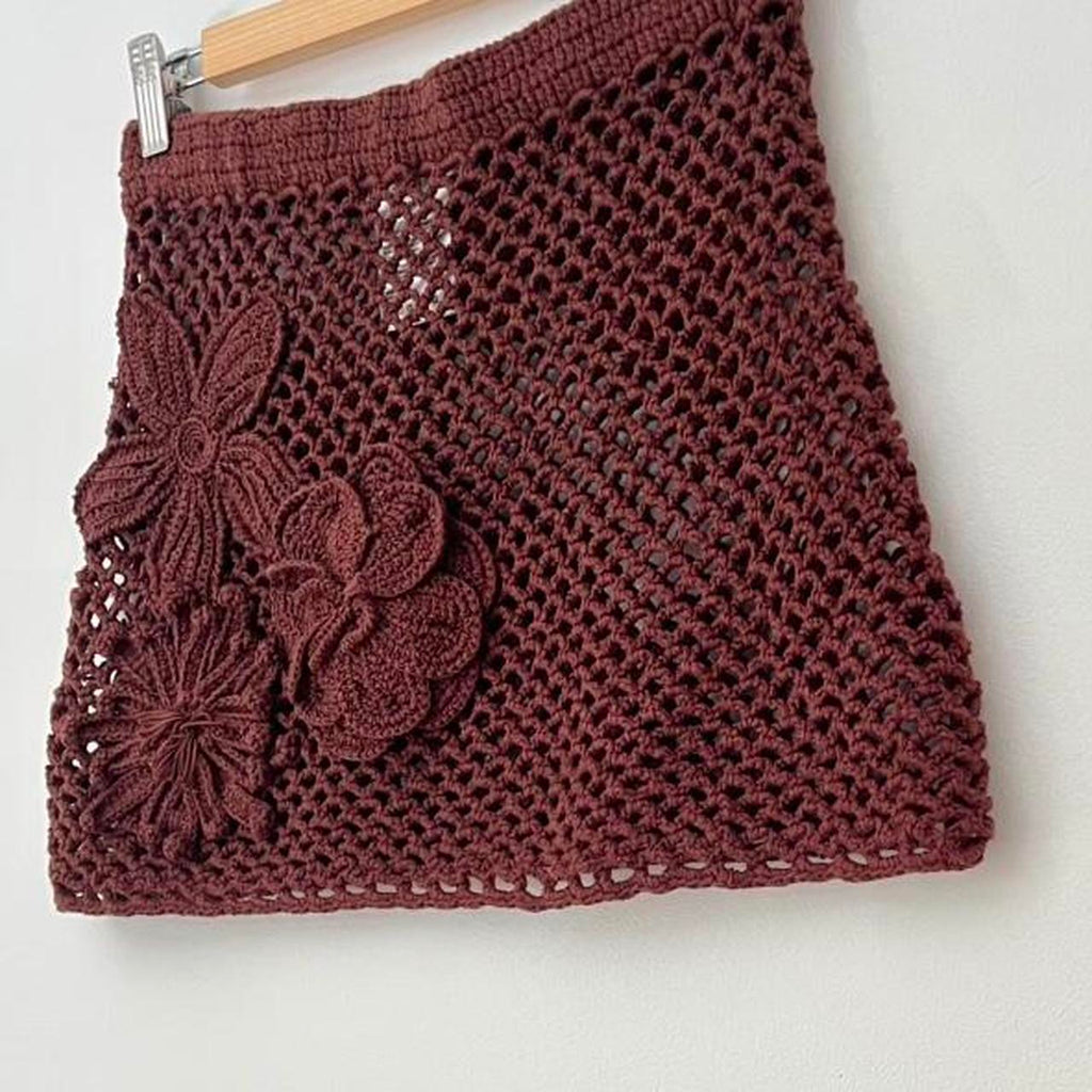 Venroy Floral Crochet Cotton Mini Skirt in Chocolate.