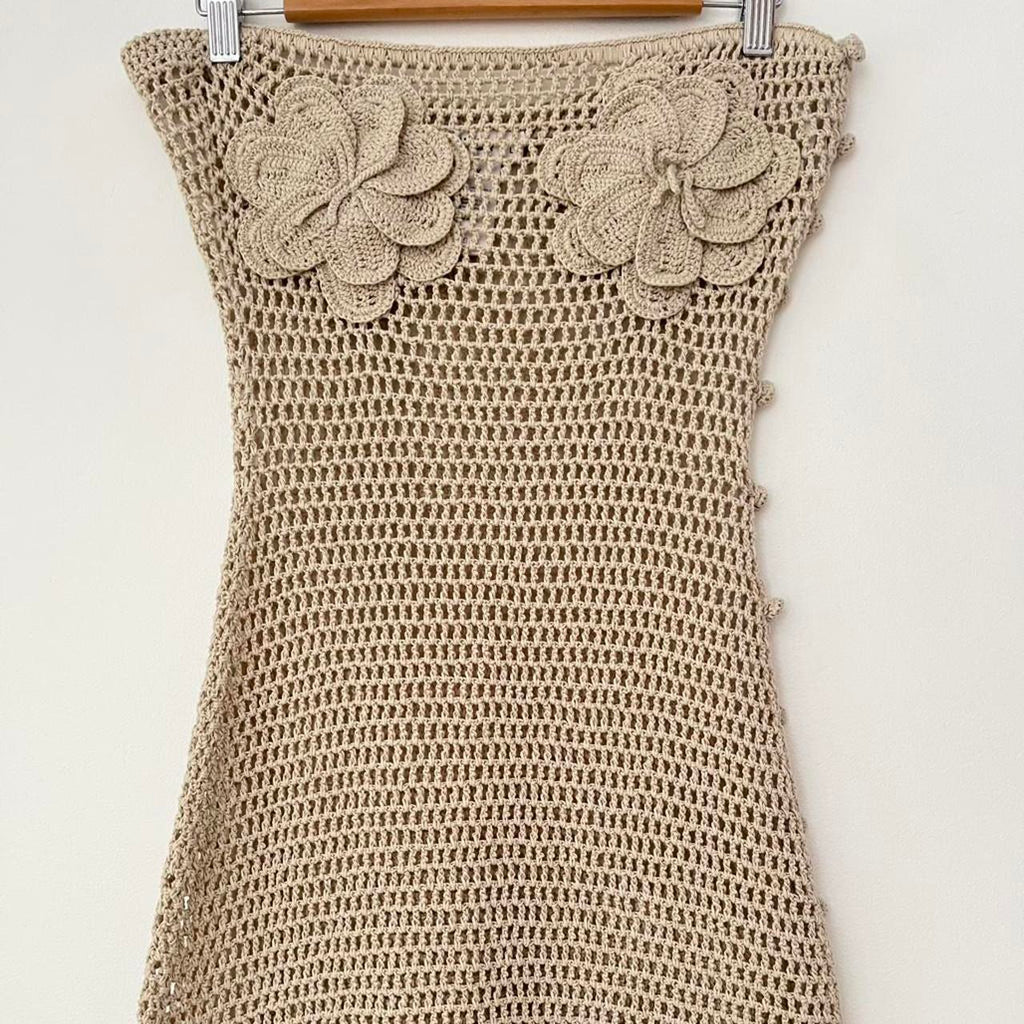 Venroy Strapless Floral Crochet Cotton Mini Dress in Natural.