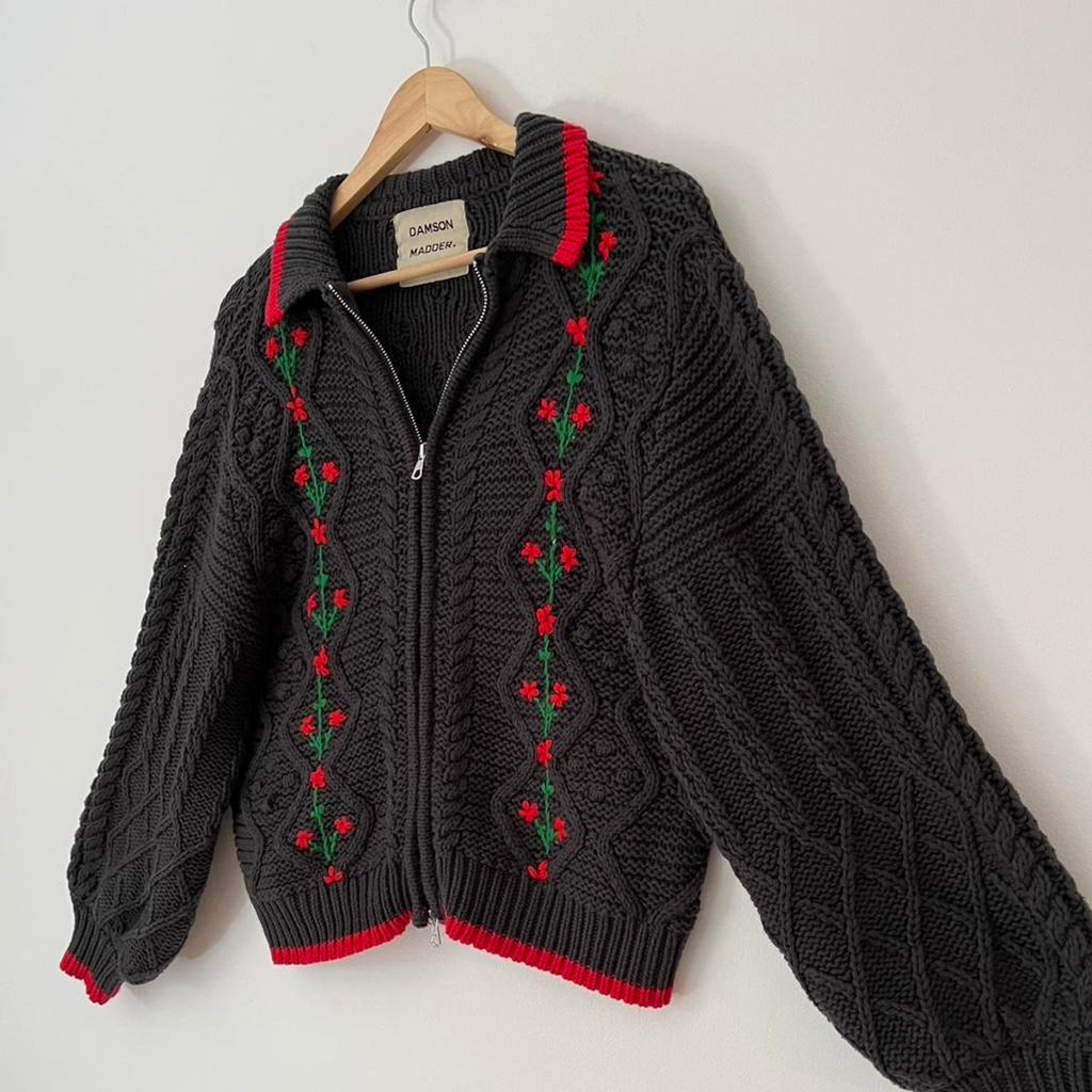 Damson Madder GRANDPA Floral Embroidered Cardigan in Charcoal.