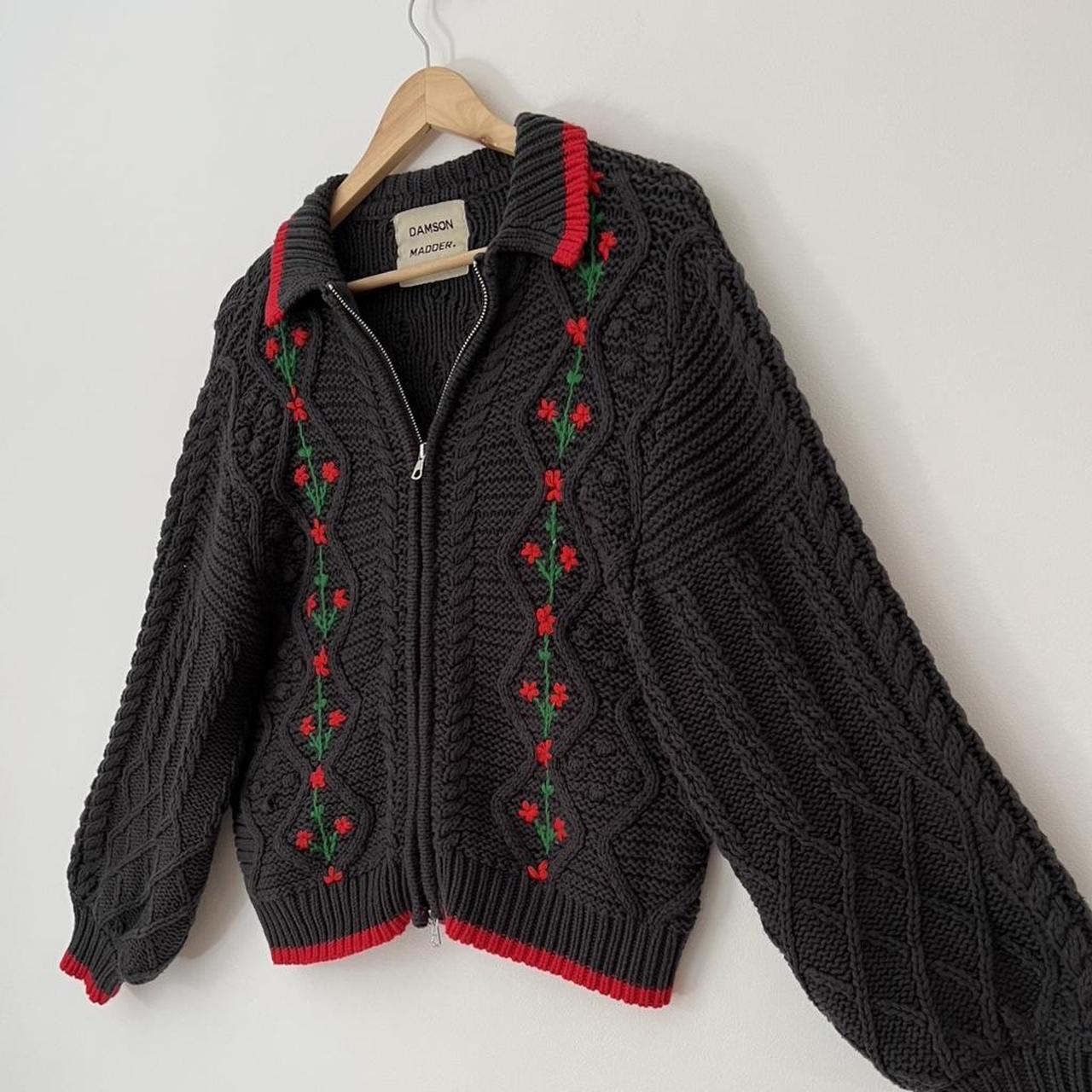 Damson Madder GRANDPA Floral Embroidered Cardigan in Charcoal.