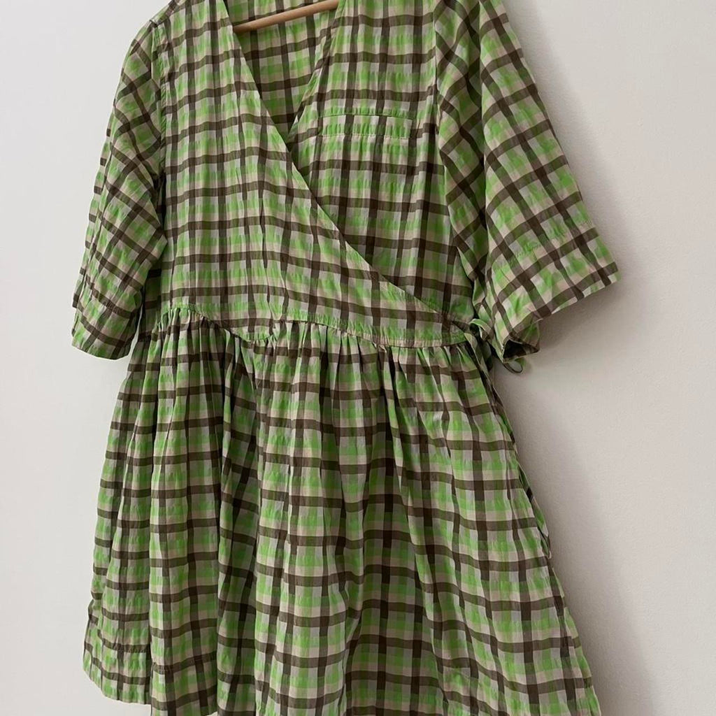 Ganni Seersucker Check-print Short-sleeve Wrap Dress.
