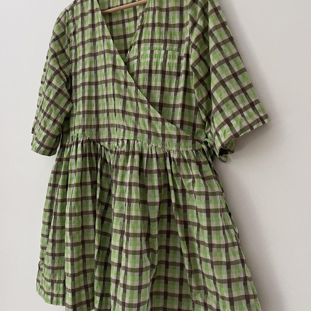 Ganni Seersucker Check-print Short-sleeve Wrap Dress.
