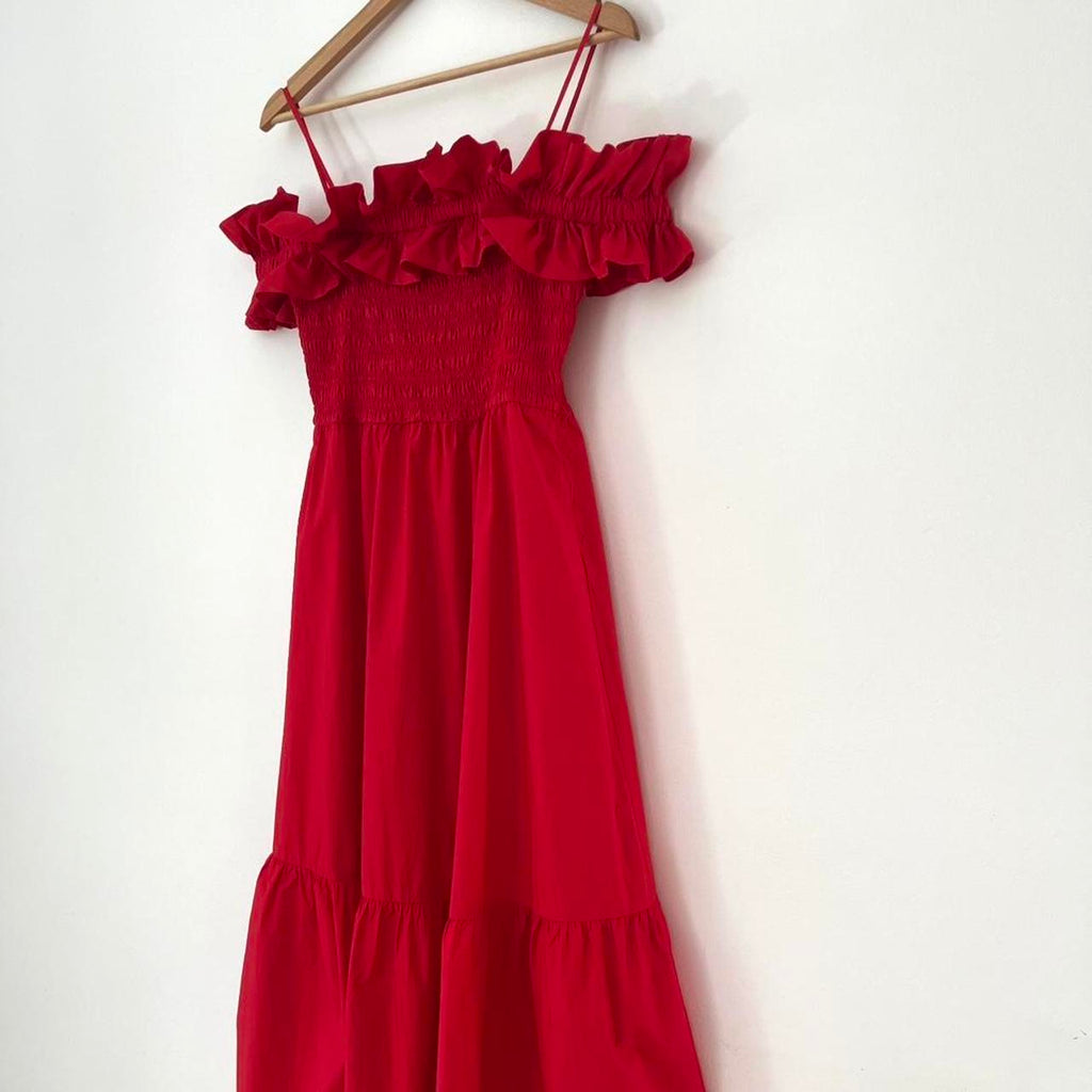 Ganni Cold-shoulder Ruffled Cotton Midi Dress.