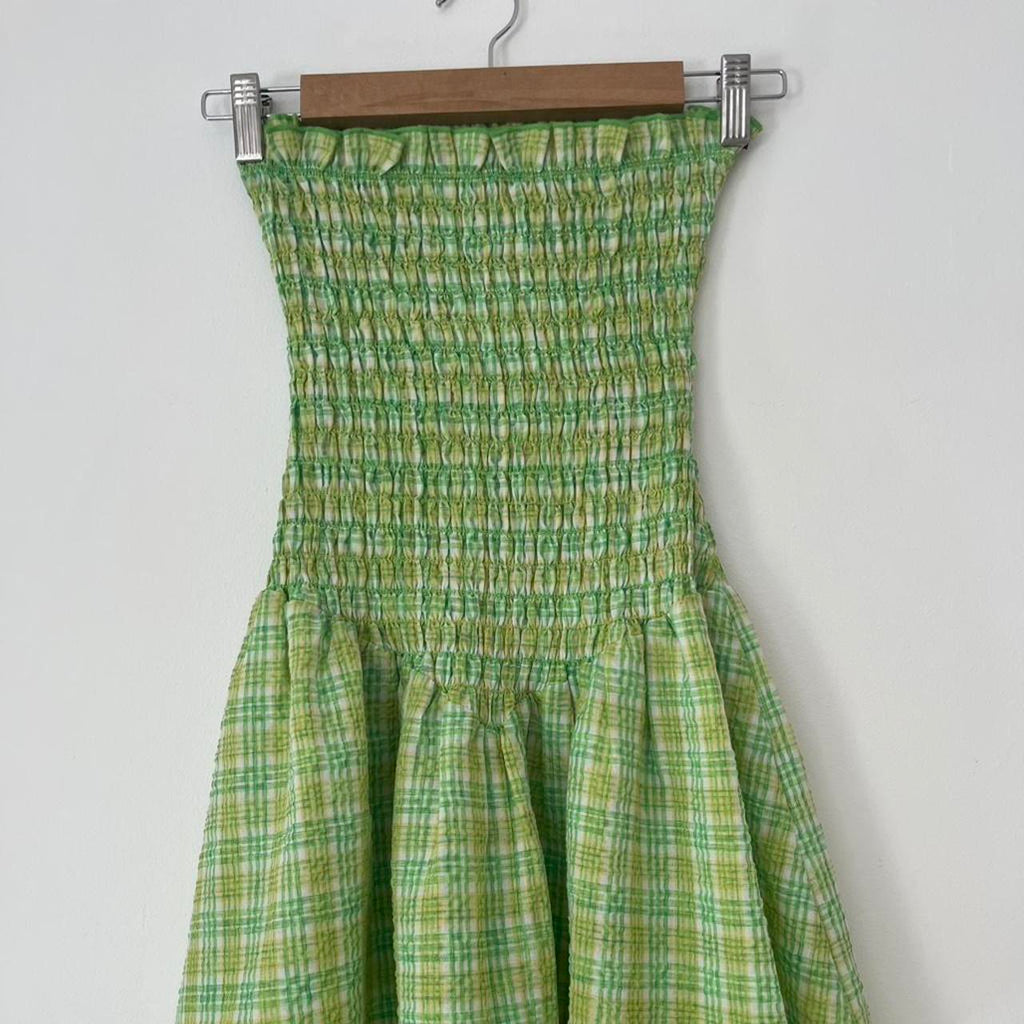 Après Studios Strapless Ruched Mini Dress in Citrus Plaid