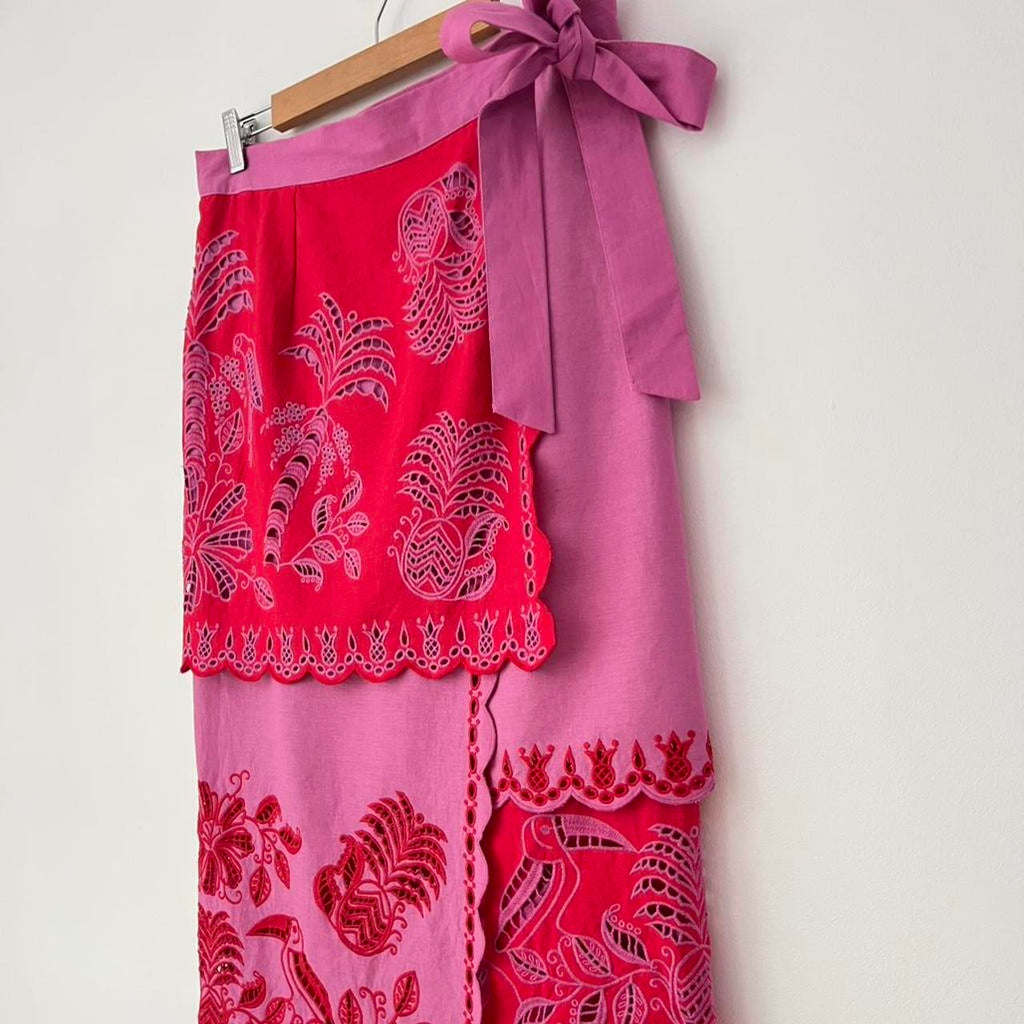 Farm Rio Palm Tree Richelieu Wrap Midi Skirt in a Red and Pink.