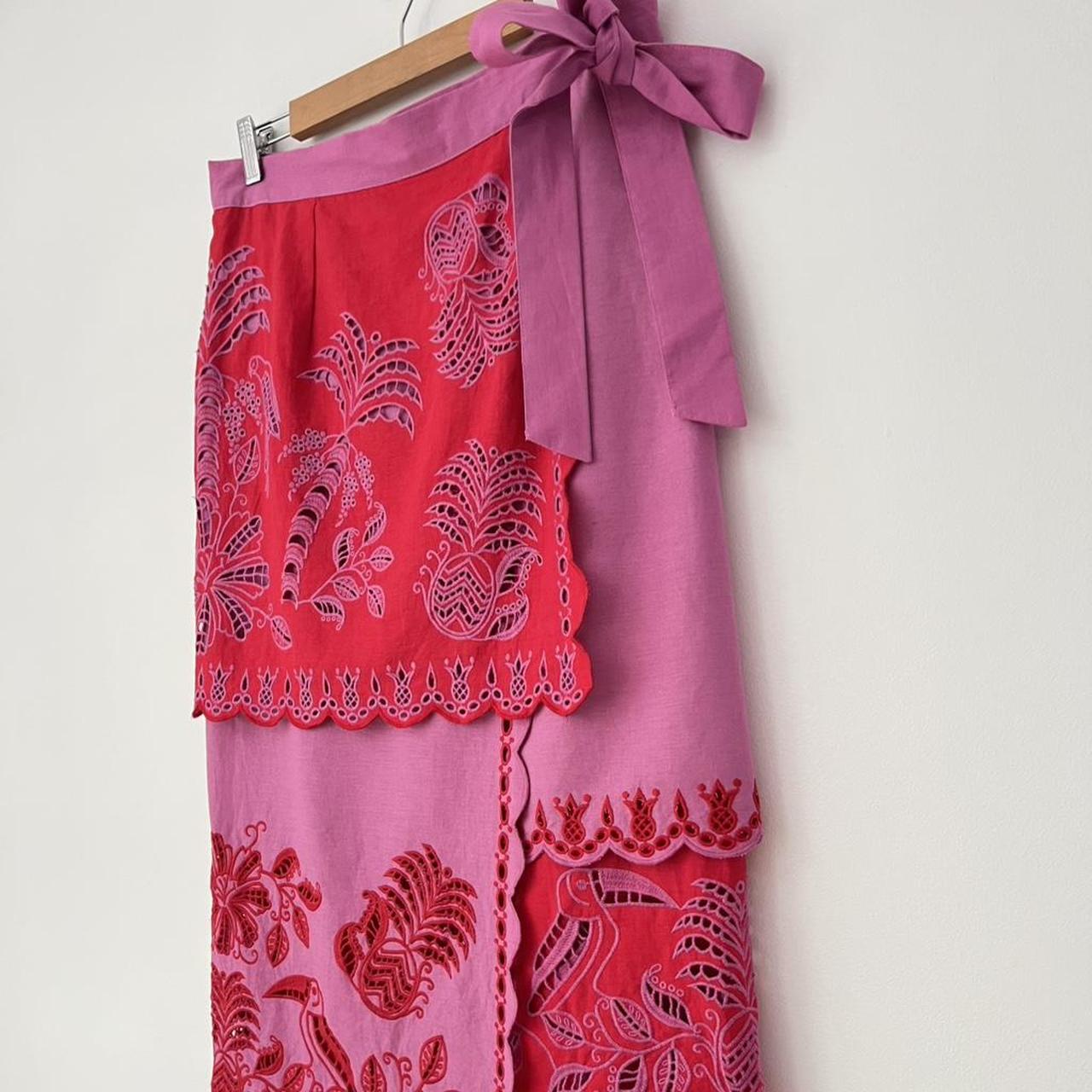 Farm Rio Palm Tree Richelieu Wrap Midi Skirt in a Red and Pink.