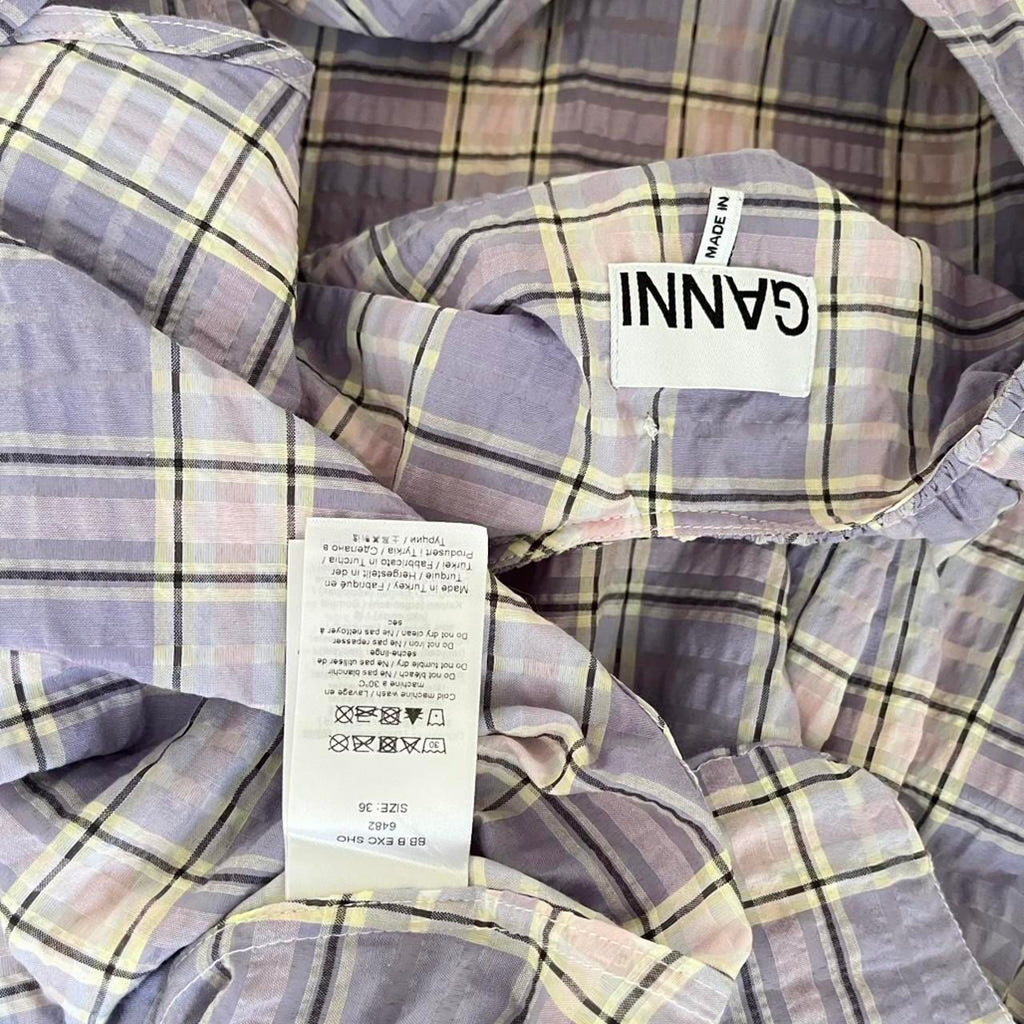 Ganni Seersucker Plaid Open Back Midi Dress in Lilac.